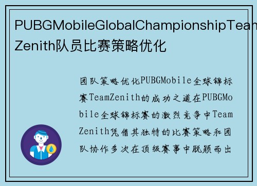 PUBGMobileGlobalChampionshipTeamZenith队员比赛策略优化