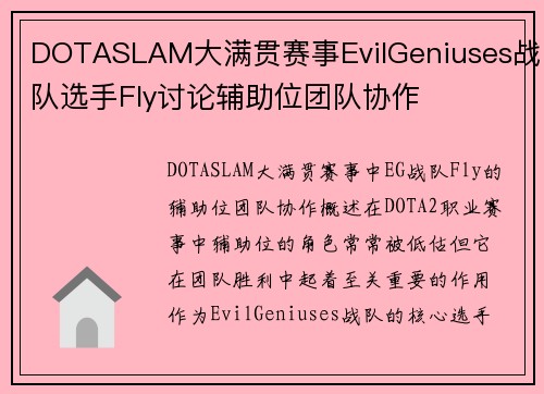 DOTASLAM大满贯赛事EvilGeniuses战队选手Fly讨论辅助位团队协作